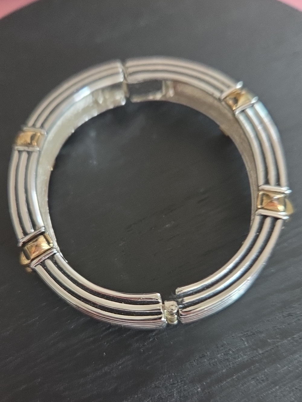 Two-Tone Silver and Gold Ribbed Stackable Bangle Bracelet - Picture 9 of 9